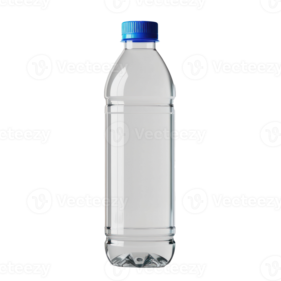 water bottle plastic transparent mockup, solid white simple background, blue bottle cap png