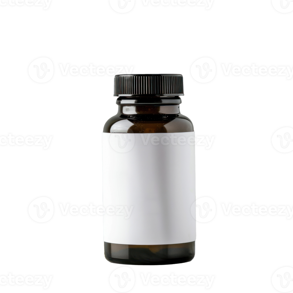 A vitamin bottle with blank label in front of a flat transparent background png