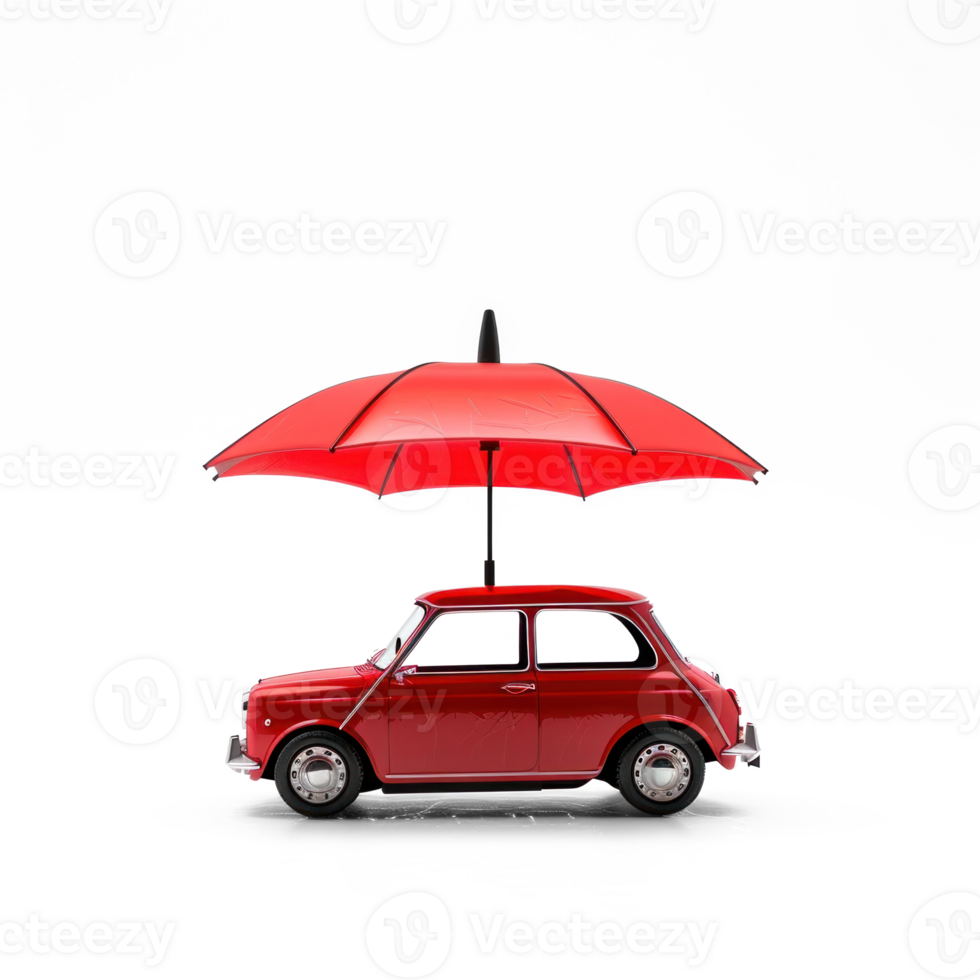 small modern car under red umbellar, insurance concept transparent background png