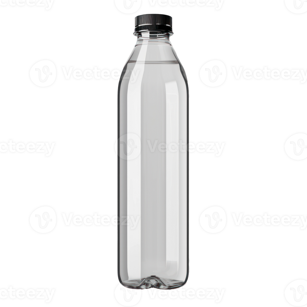 Plastic bottle for water with small black screw cap, simple and smooth, mockup style, without drawing png