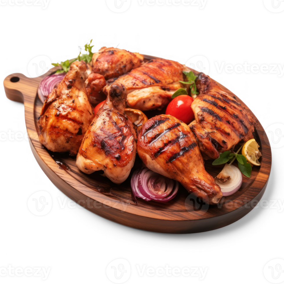 Full chicken cut into pieces that is freshly grilled looking yummy on wooden plate, splash colors, mouth watering, yummy, transparent background png