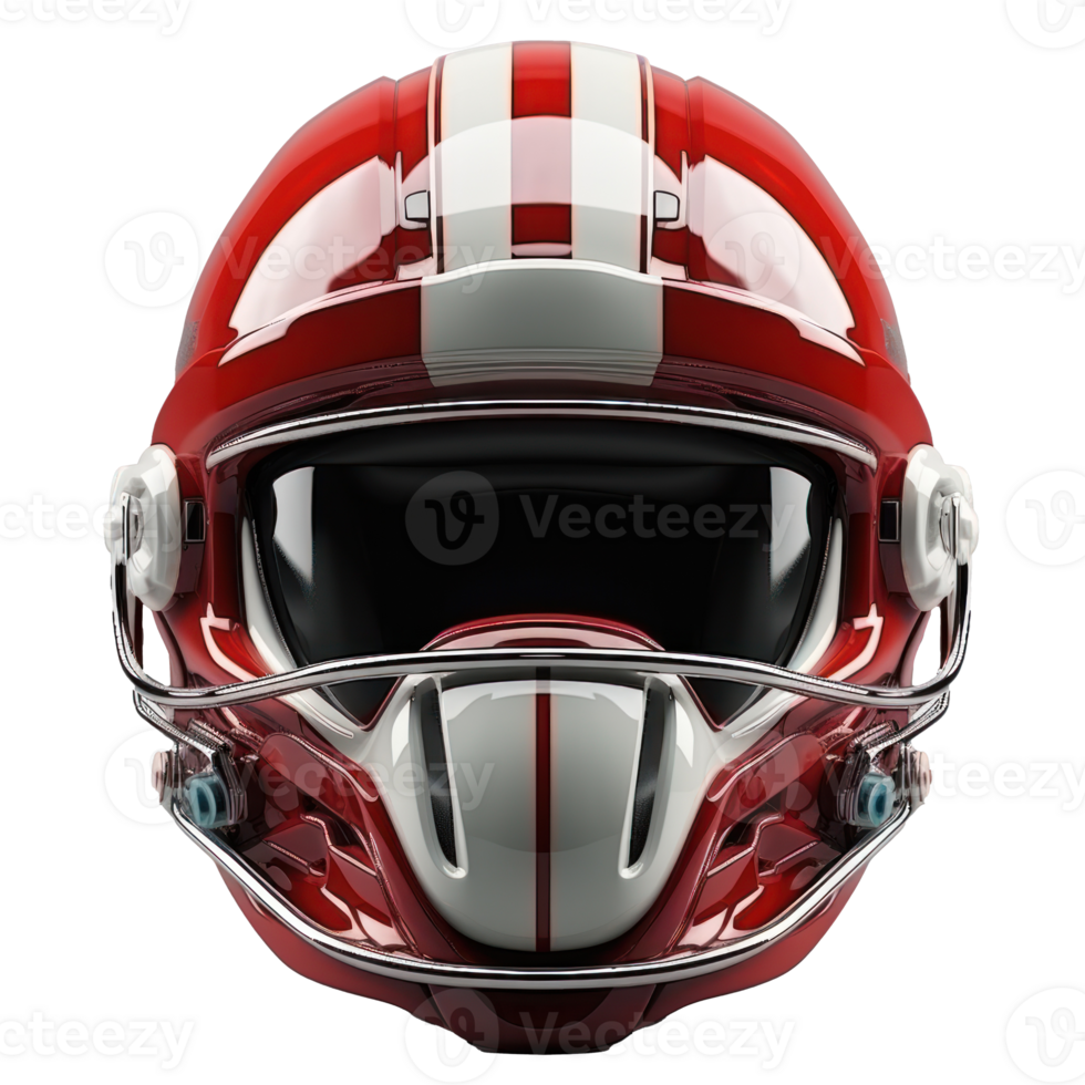 Football helmet, red and white colors, futuristic design, front view perspective, 8K, ultra realistic render isolate on transparent background png