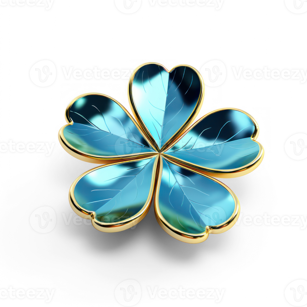 One piece of four leaf clover with golden petiole,a beatiful blue gem with golden outline isolate on transparent background png