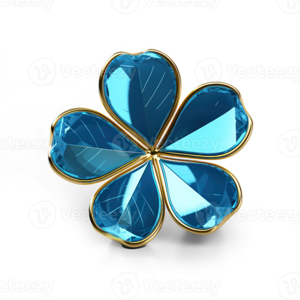 One piece of four - leaf clover with golden petiole,a beatiful blue gem with golden outline for casual game,blue and golden, glossy, pure transparent background png