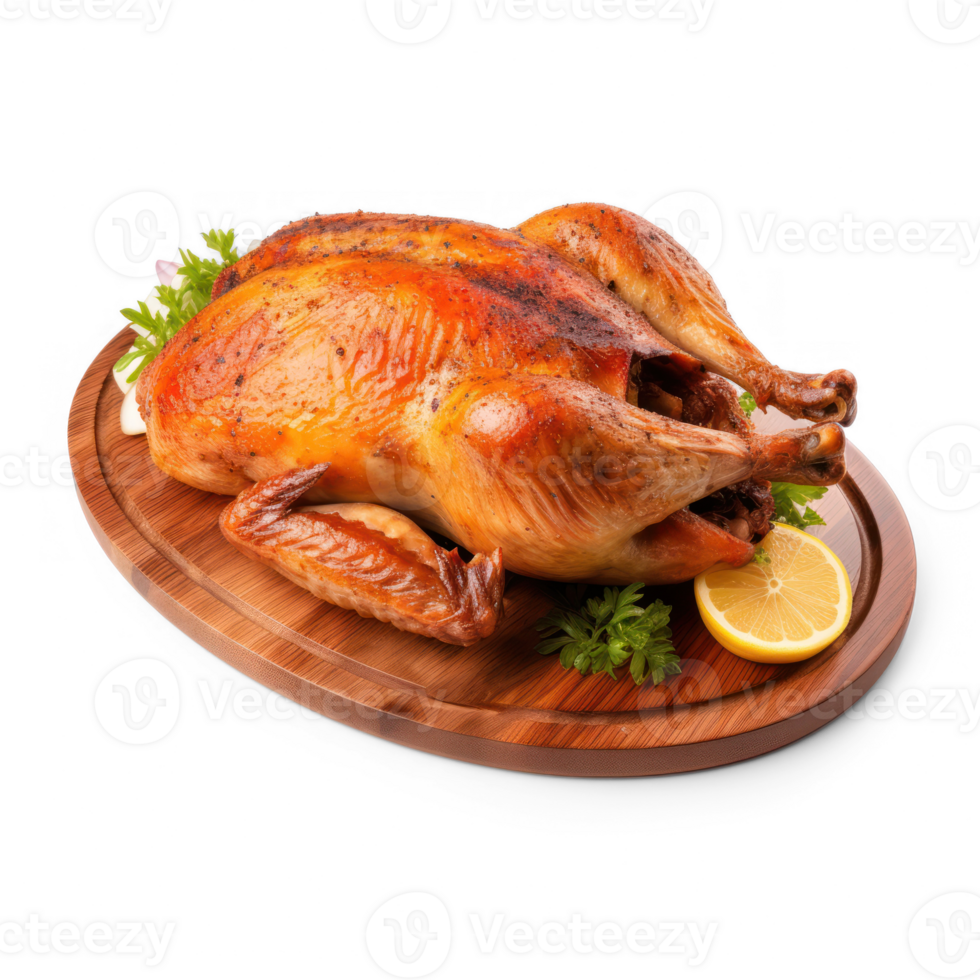 Whole chicken roasted on wood plate isolated image on transparent background png
