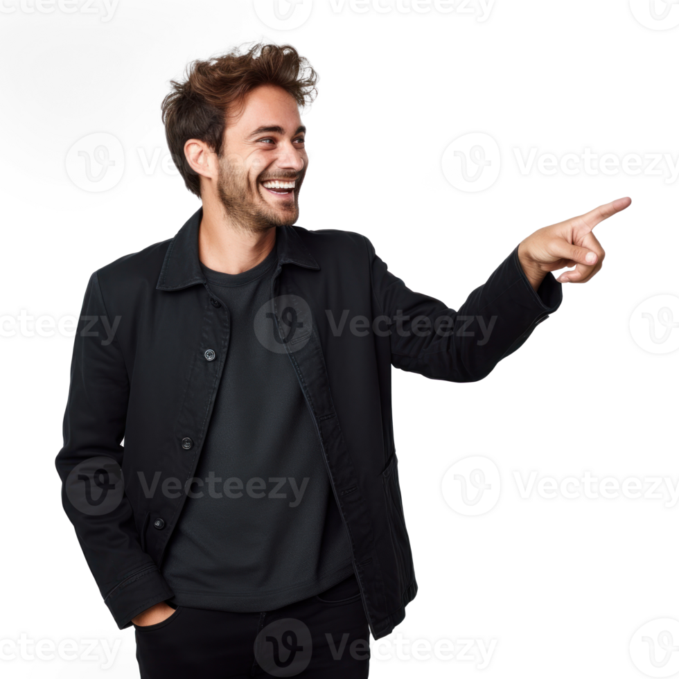 happy man pointing at something on a white background png