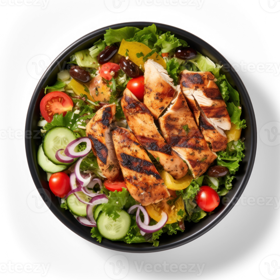 Photograph from above, large mixed salad with grilled chicken in a big bowl on a transparent background png
