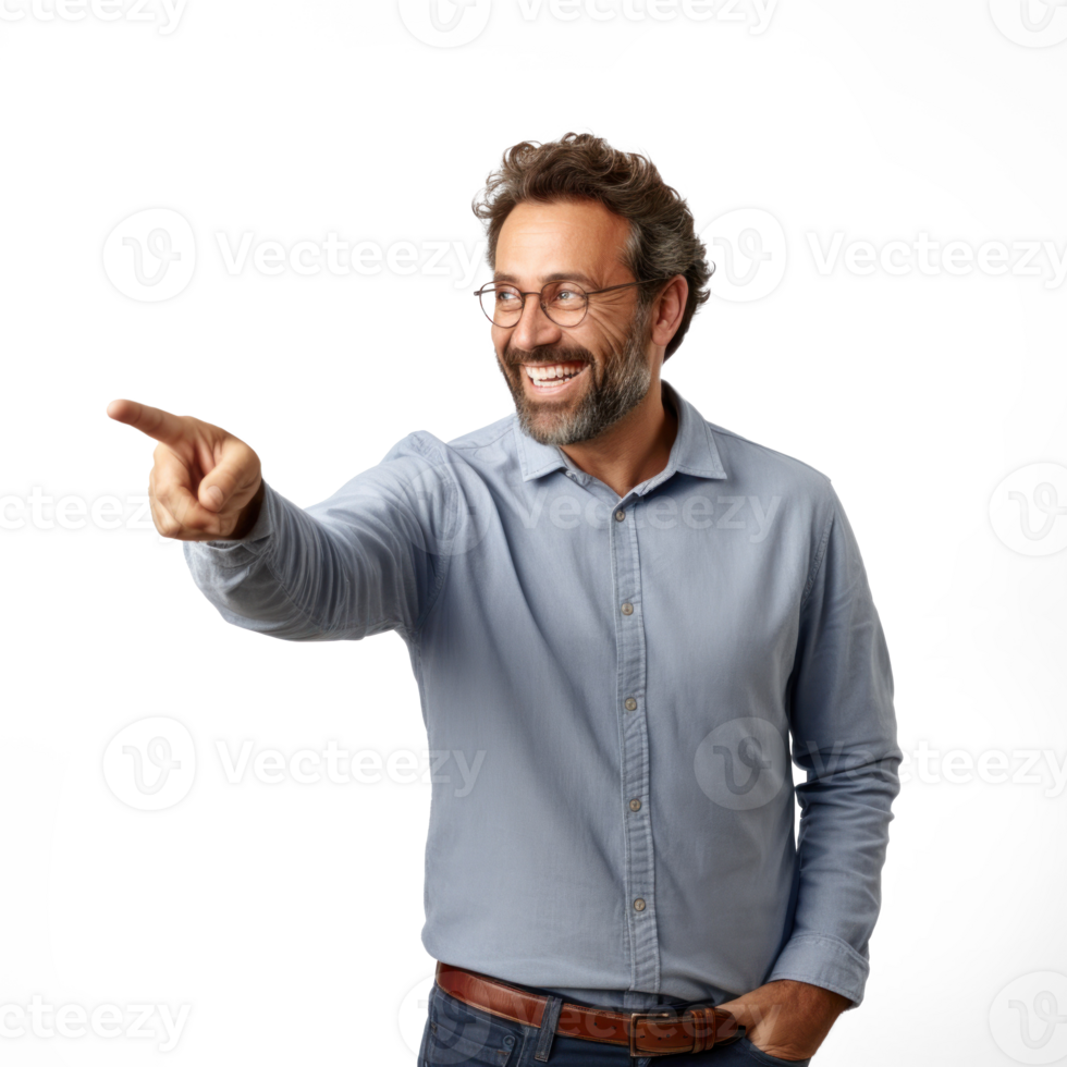 smiling man pointing at something on a white background png