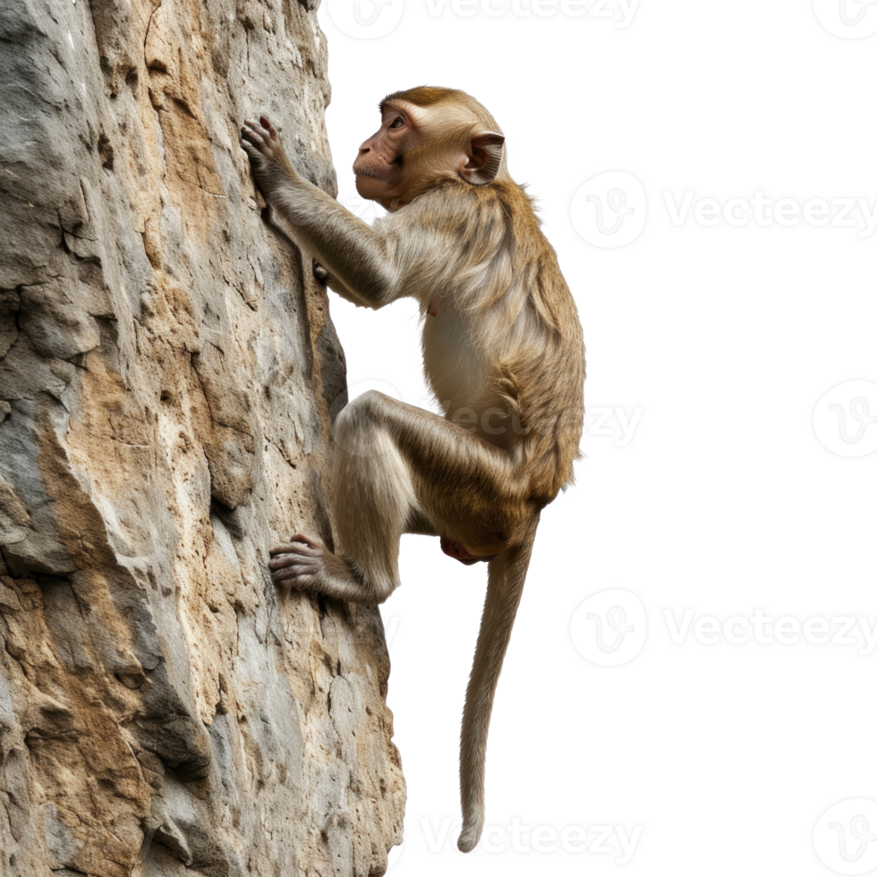 a realistic photography of a brown rhesus macaques climbing, isolated stock isolate on transparent background png