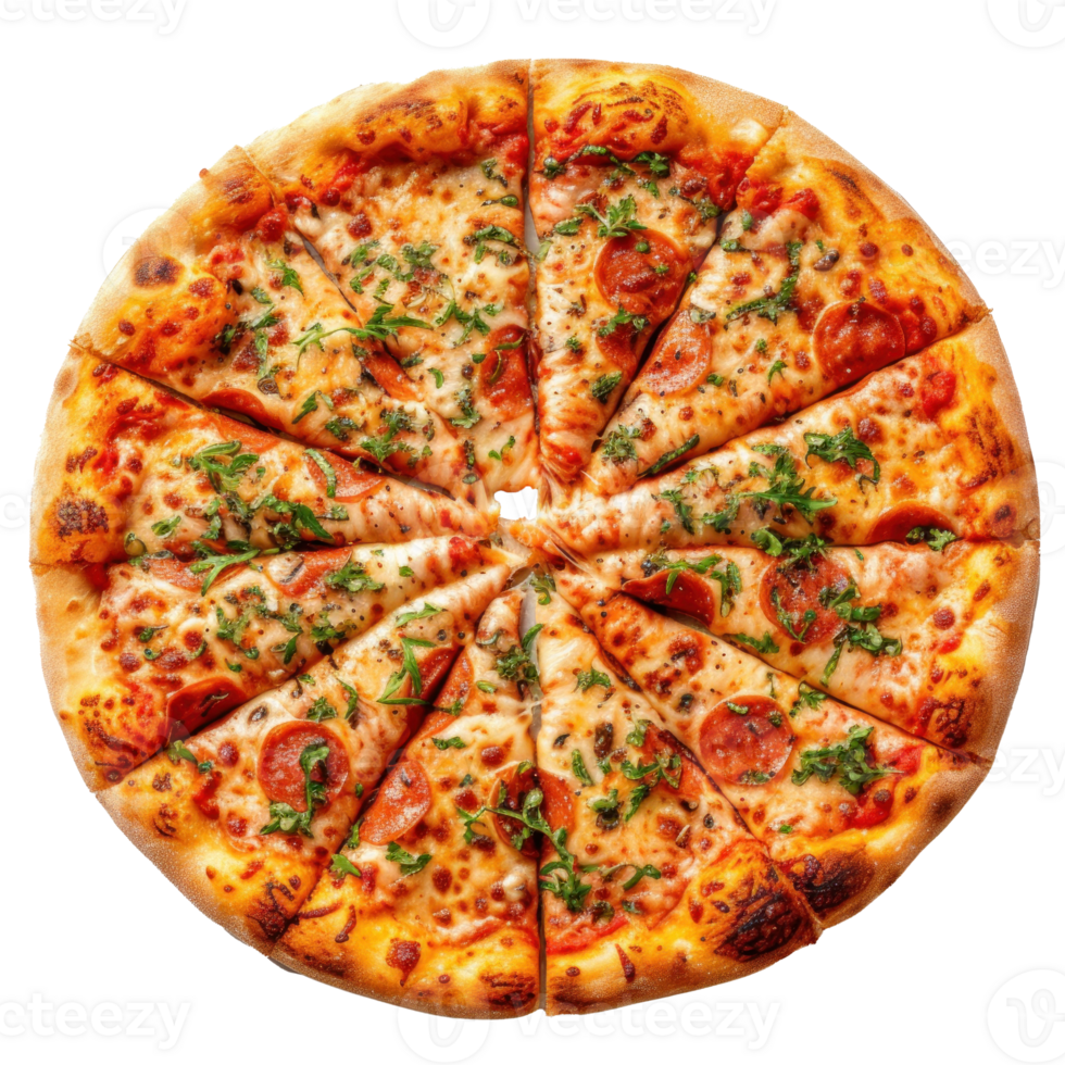 Tasty top view sliced pizza Italian traditional round pizza on transparent background png