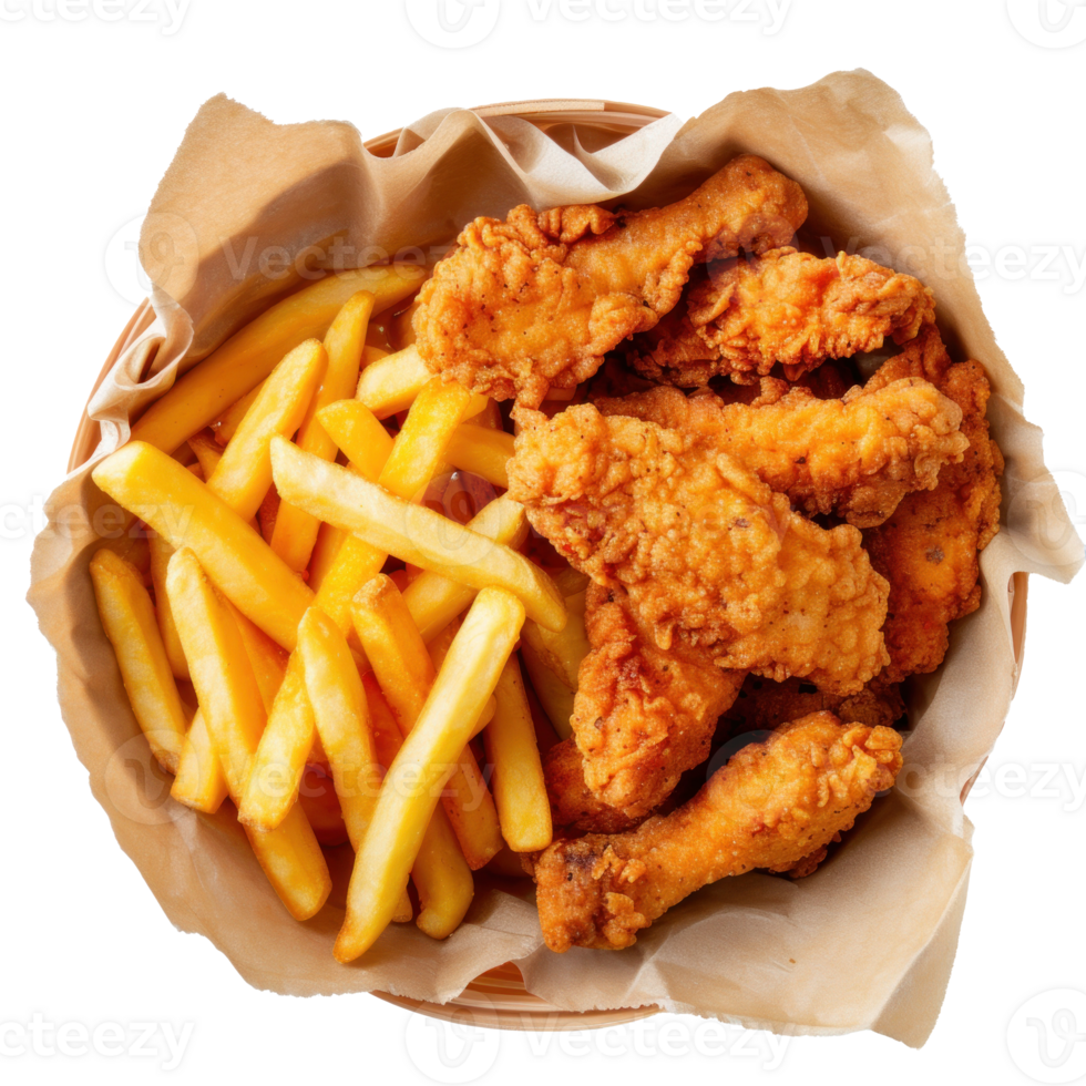 Delicious Basket of Chicken Strips and French Fries on a white Background from directly isolate on transparent background png