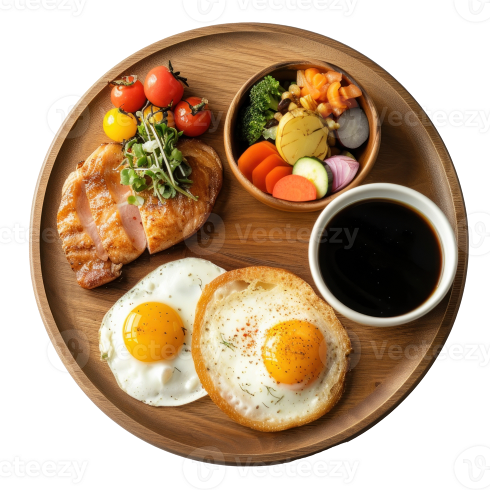 Food served on wooden plate with coffee over transparent background png