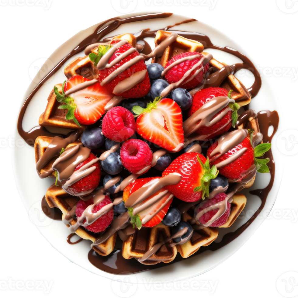 Waffle with strawberry, chocolate chip and berries topping on white plate, top view with transparent background png
