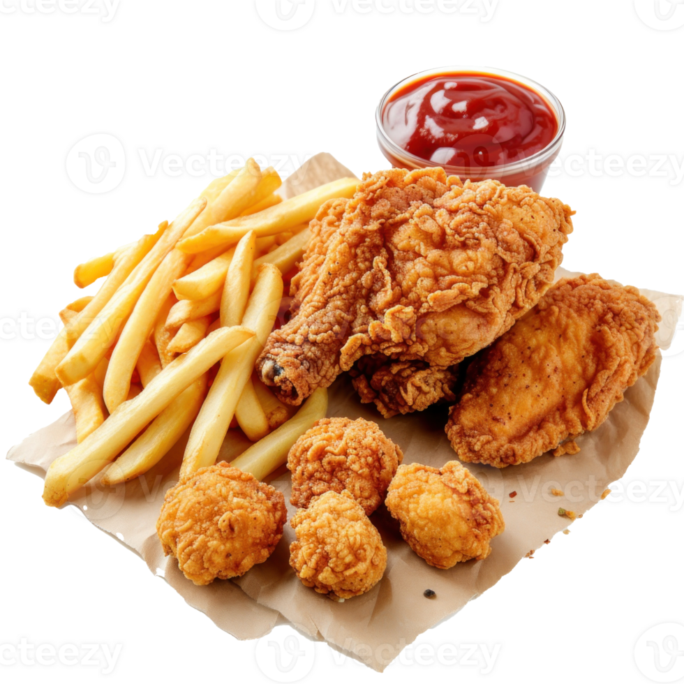 Fried chicken with french fries and nuggets meal, isolated transparent background png