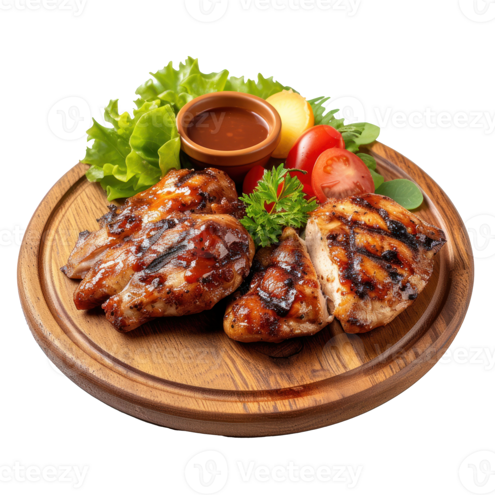 grilleda chicken with sauce on wooden plate. Simple. Detail. Isolated transparent background png