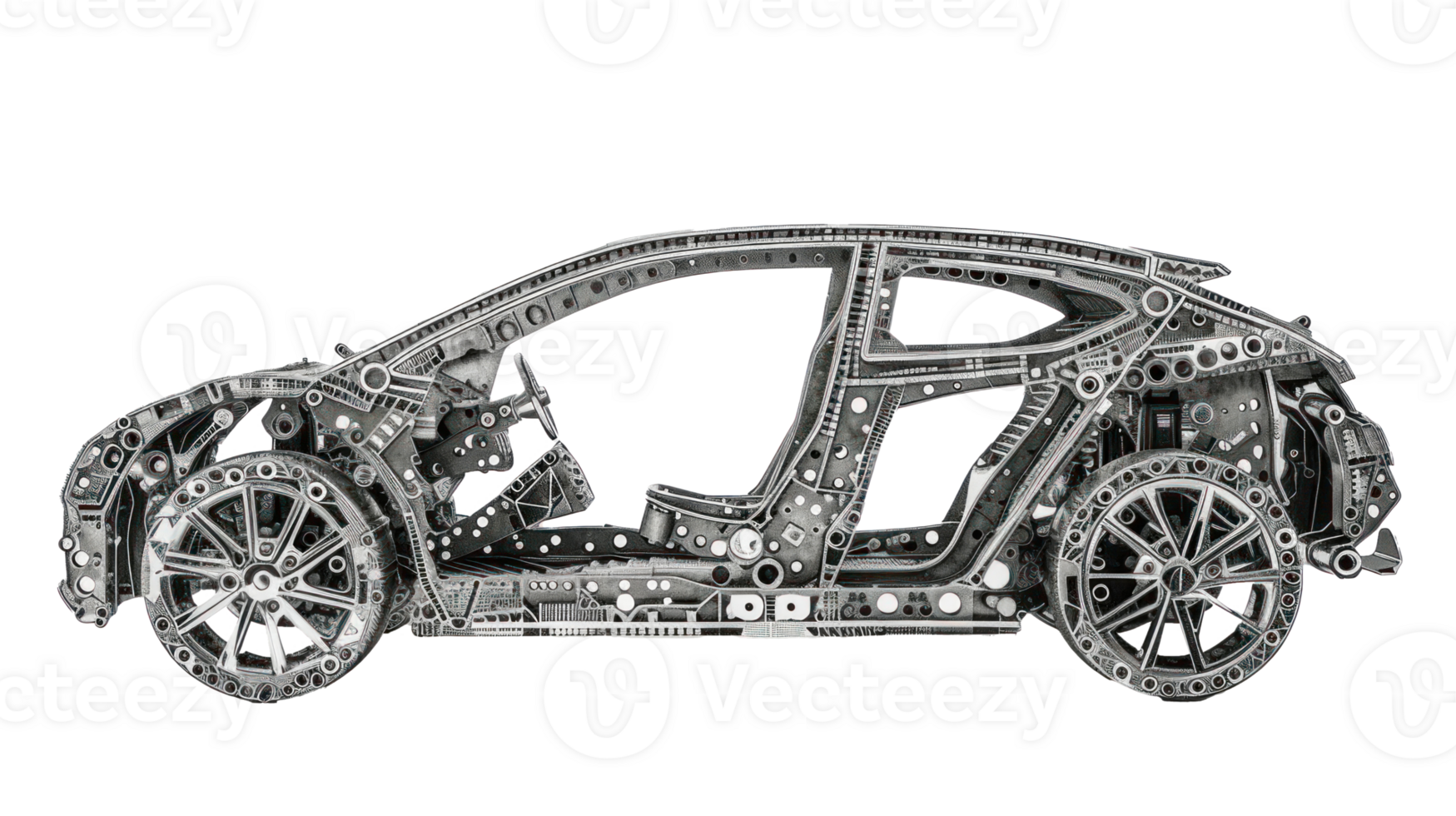 in the style of a collage, electric car made of diverse deep drawn parts in metal on transparent background png