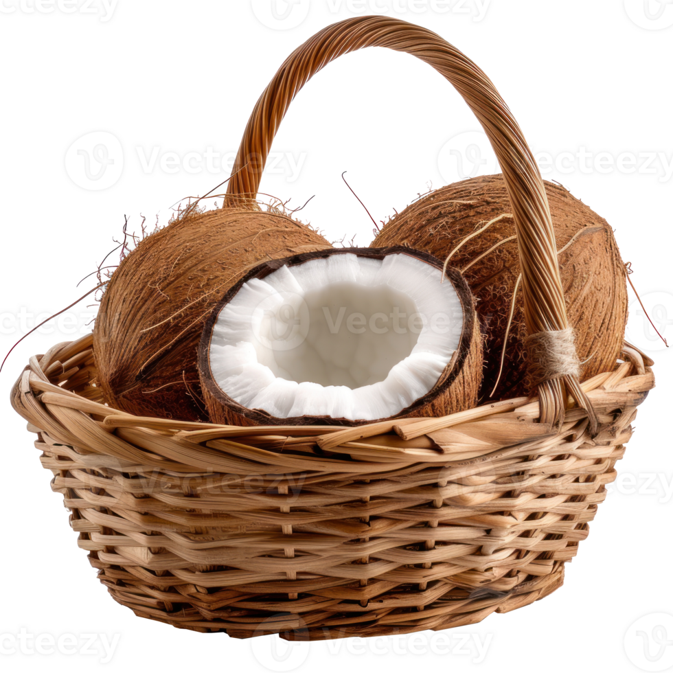 Front close view of coconut in wooden basket with handle on a transparent background png