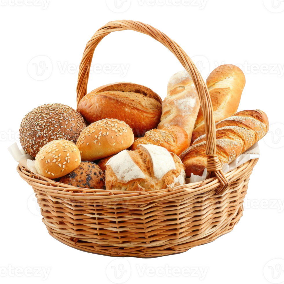 Bread and rolls in wicker basket isolated on transparent background png