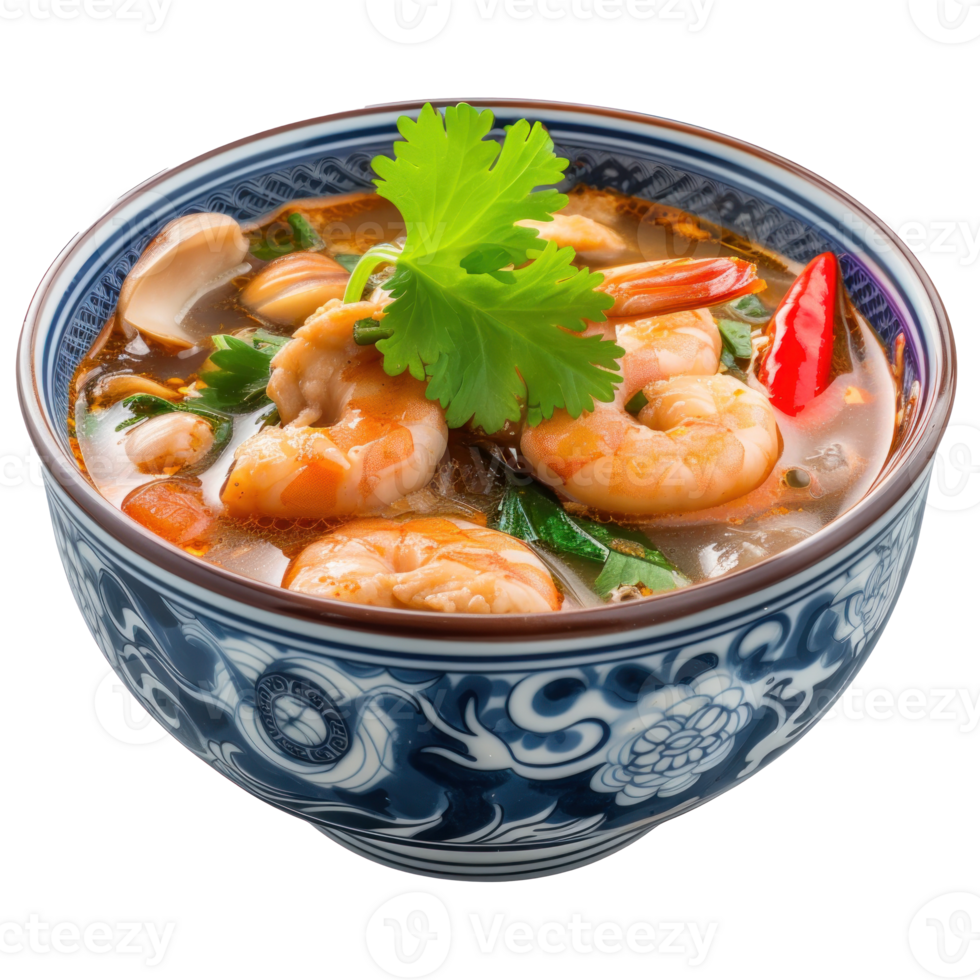 Scientific Photography of Tom Yum Kung in a beautiful bowl, isolated, transparent background png