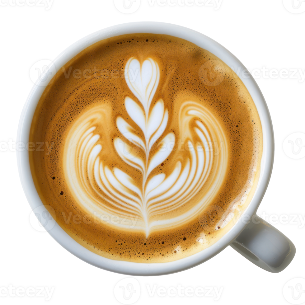 a cup of coffee with a beautiful pattern on a thick crema, top view, isolated on a transparent background png