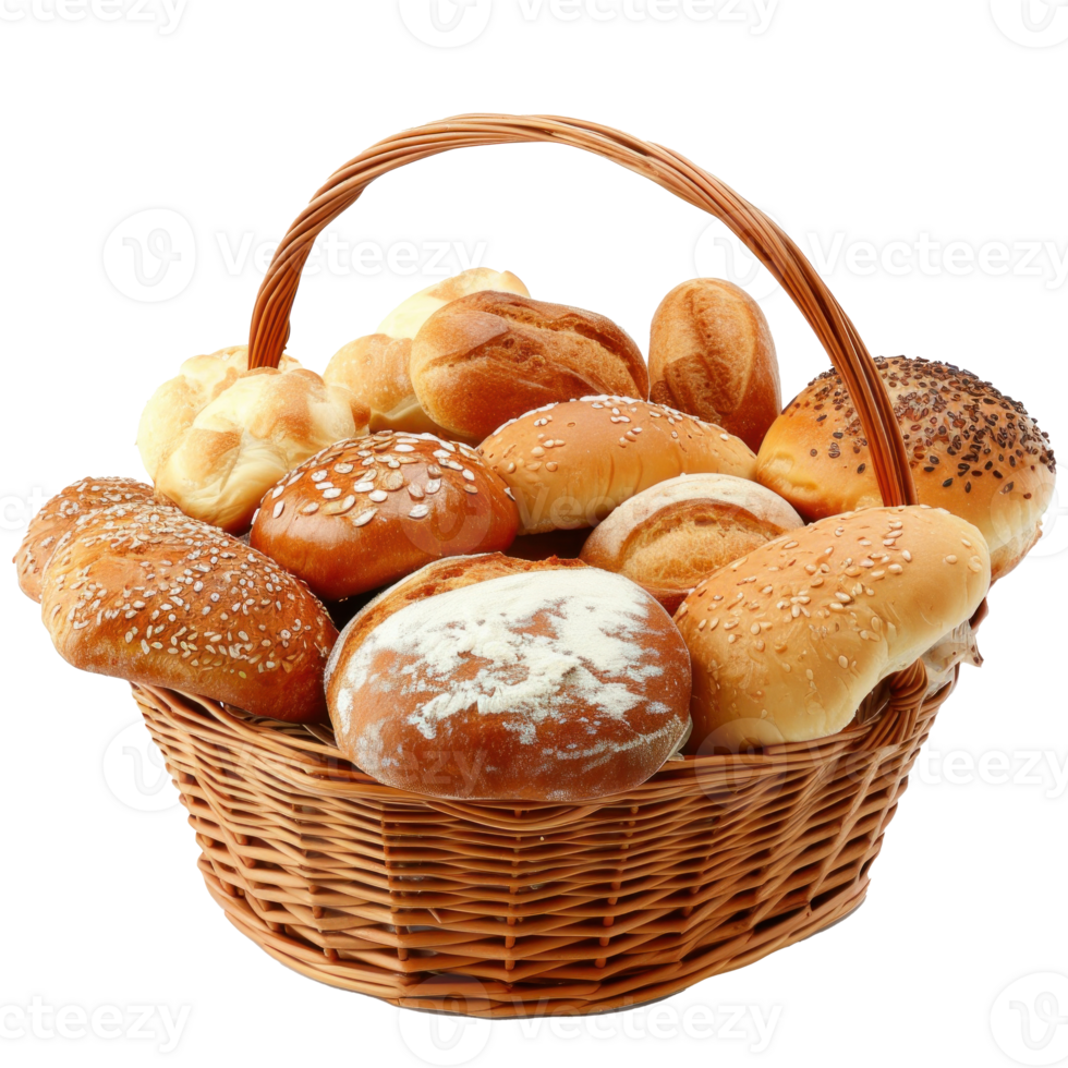 Bread and rolls in wicker basket isolated on transparent background png