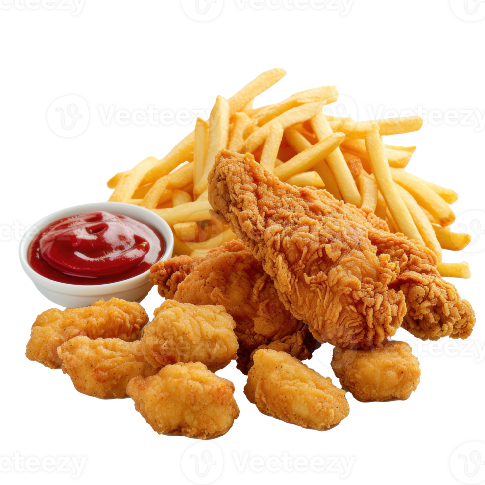 fried chicken with french fries and nuggets meal, Food Styling ,5 aspect ratio and rendered , high resolution texture, ray tracing, isolated transparent background png