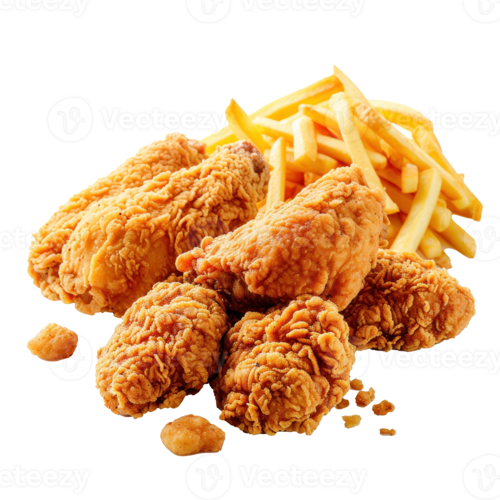Fried chicken with french fries and nuggets meal, Food Styling ,5 aspect ratio and rendered , high resolution texture, ray tracing, isolated transparent background png