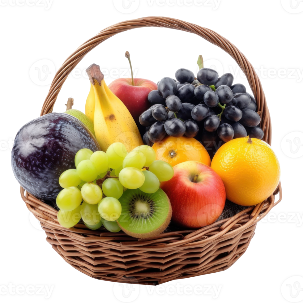 a basket with various fruits on a isolate on transparent background png