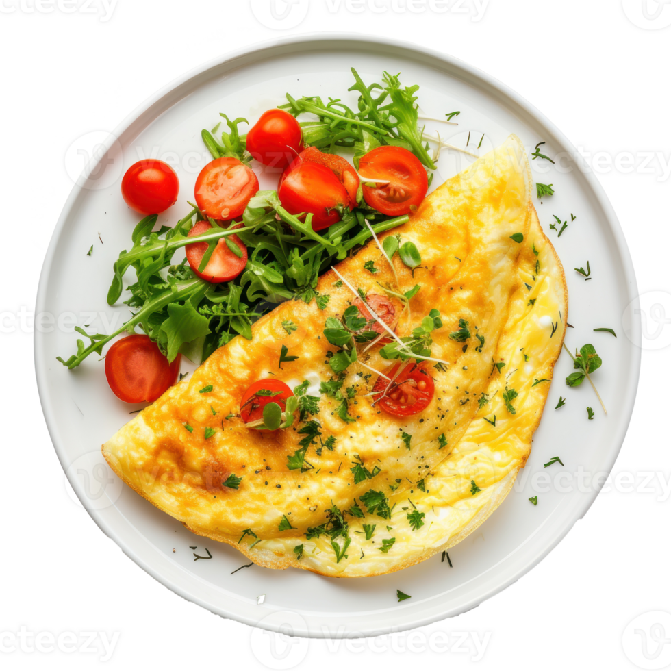 Omelette On White Plate, top view, transparent background png
