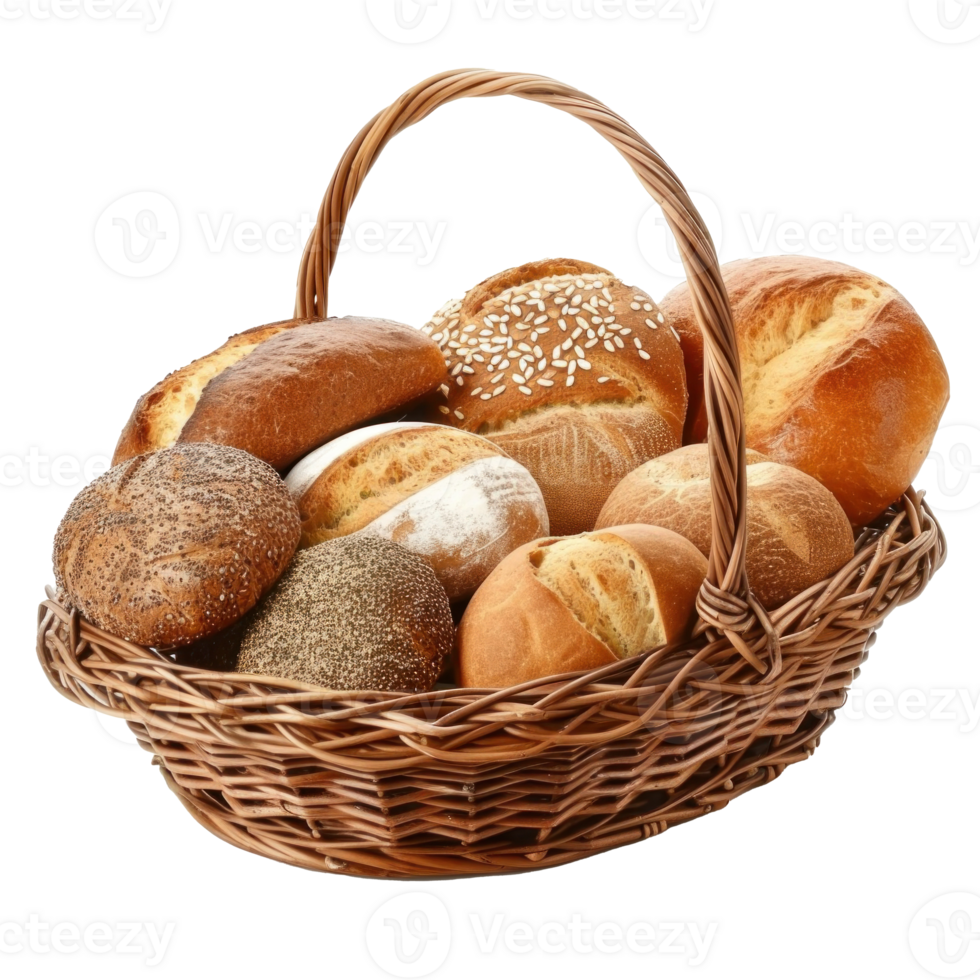 Bread and rolls in wicker basket isolated on transparent background png
