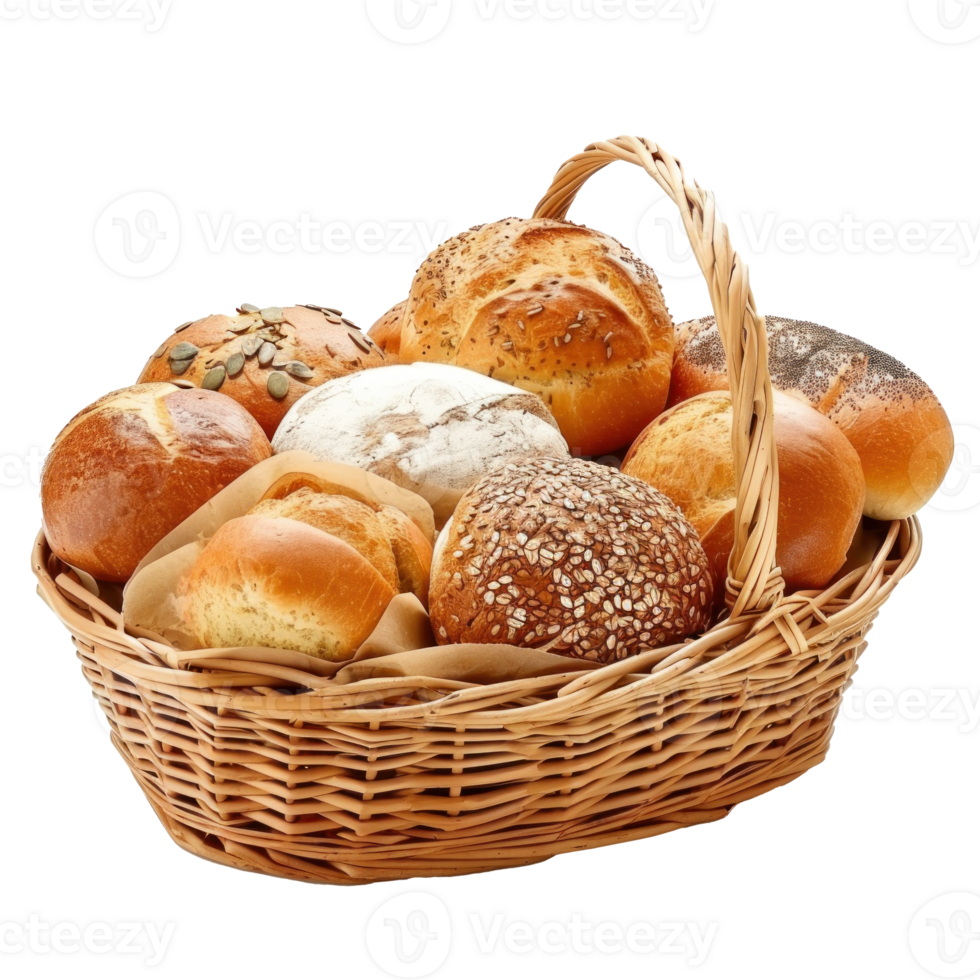 Bread and rolls in wicker basket isolated on transparent background png