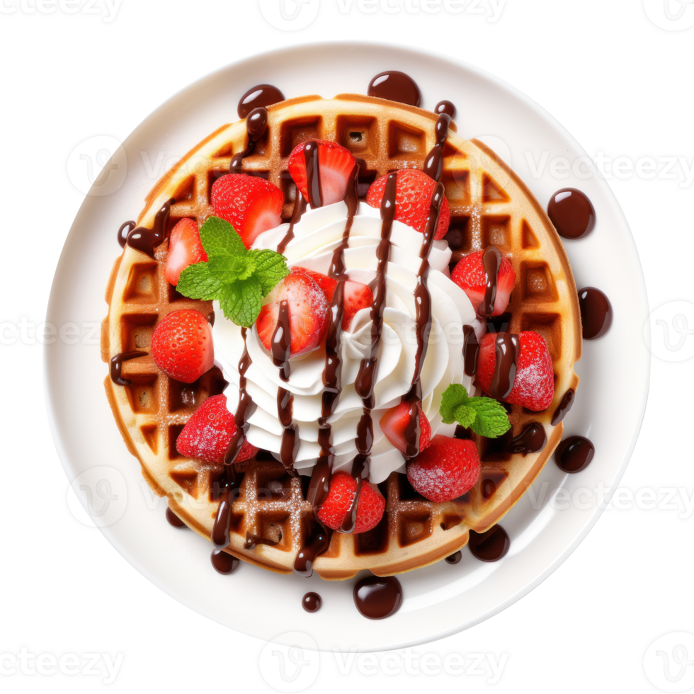 Waffle with strawberry, chocolate chip and berries topping on white plate, top view with transparent background png