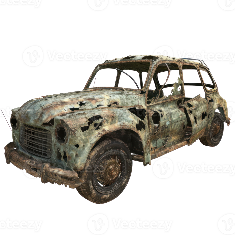 ruined car, post - apocalyptic car, isolated on transparent background png