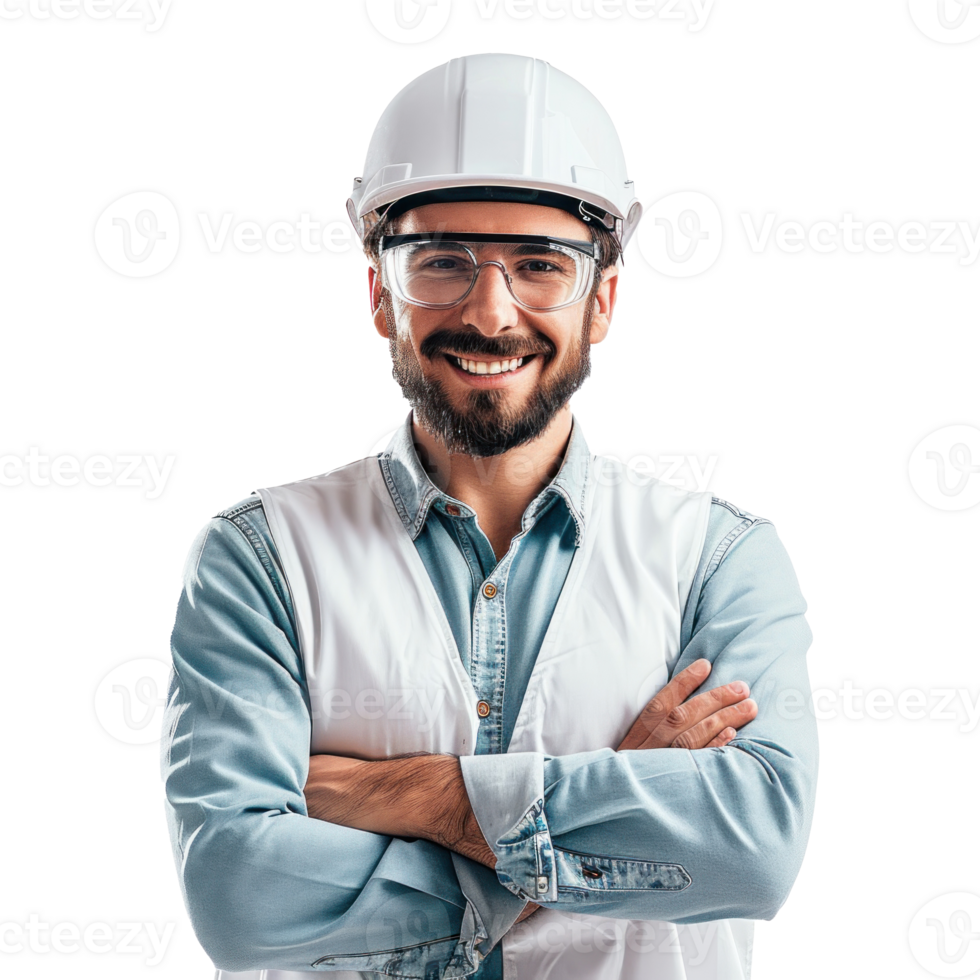 a male engineer. crossed arms and smiling white background used in advertising is a virtual isolate on transparent background png