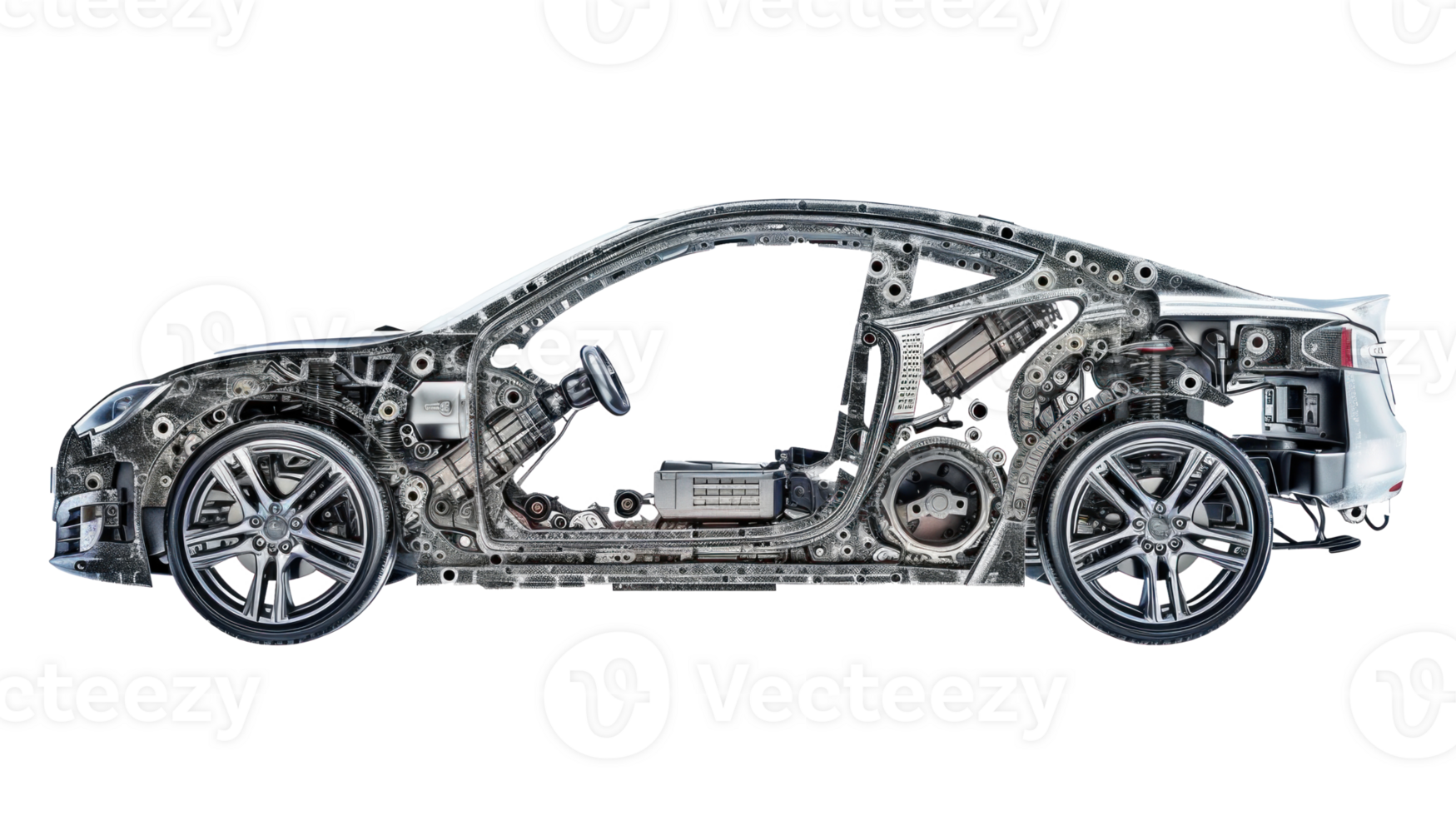 in the style of a collage, electric car made of diverse deep drawn parts in metal on transparent background png
