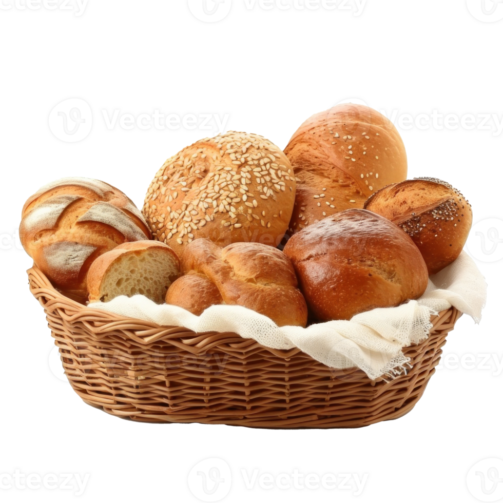 Bread and rolls in wicker basket isolated on white --style raw --v 6 Job ID png