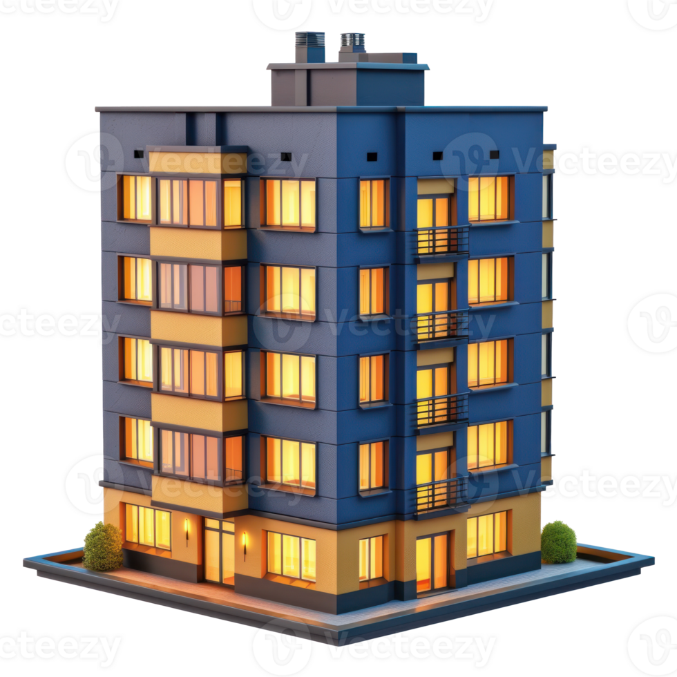 clay model of apartment building. 3d icon, clay icon, render, smooth surface, dark blue and warm yellow colors, glowing windows, transparent background png