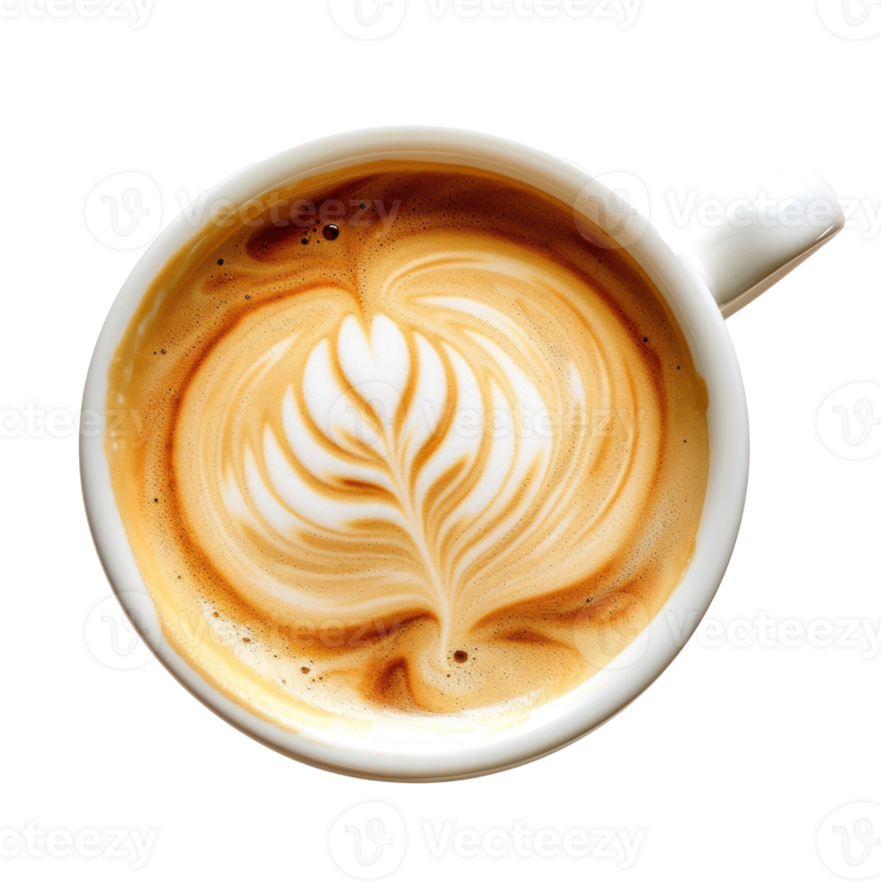 a cup of coffee with a beautiful pattern on a thick crema, top view, isolated on a transparent background png