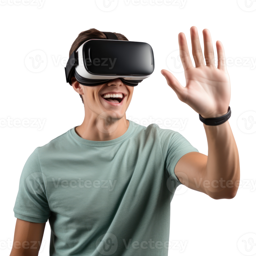 Smiling young man using virtual reality headset isolated young man, virtual reality headset glasses cutout model isolate on transparent background png
