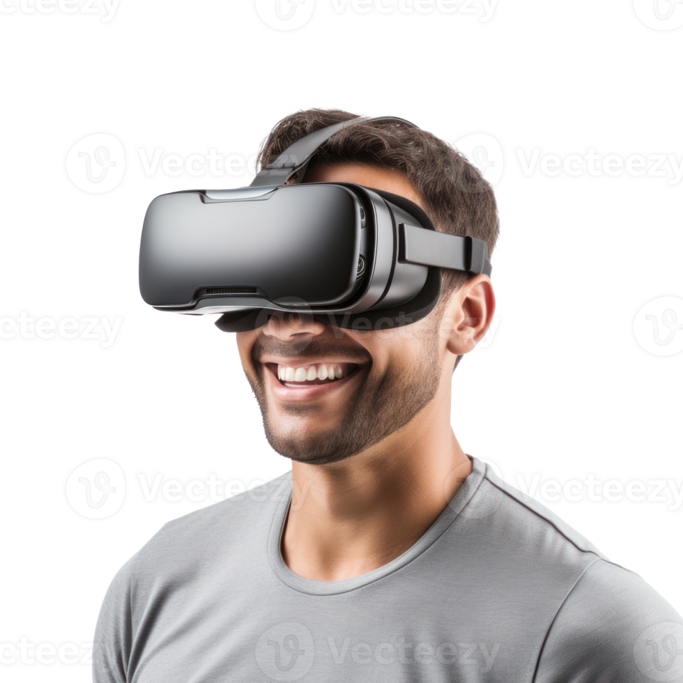 Young man using virtual reality headset isolated on transparent background png