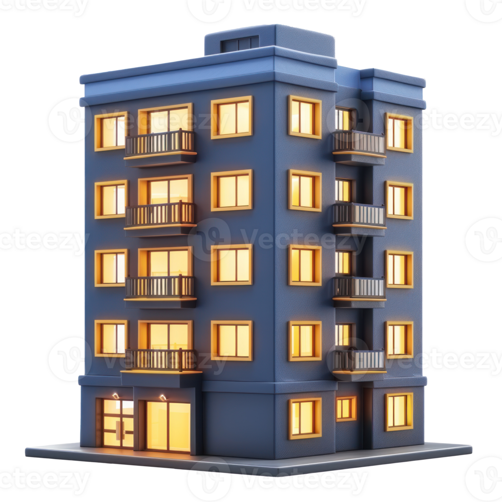 clay model of apartment building. 3d icon, clay icon, render, smooth surface, dark blue and warm yellow colors, glowing windows, transparent background png