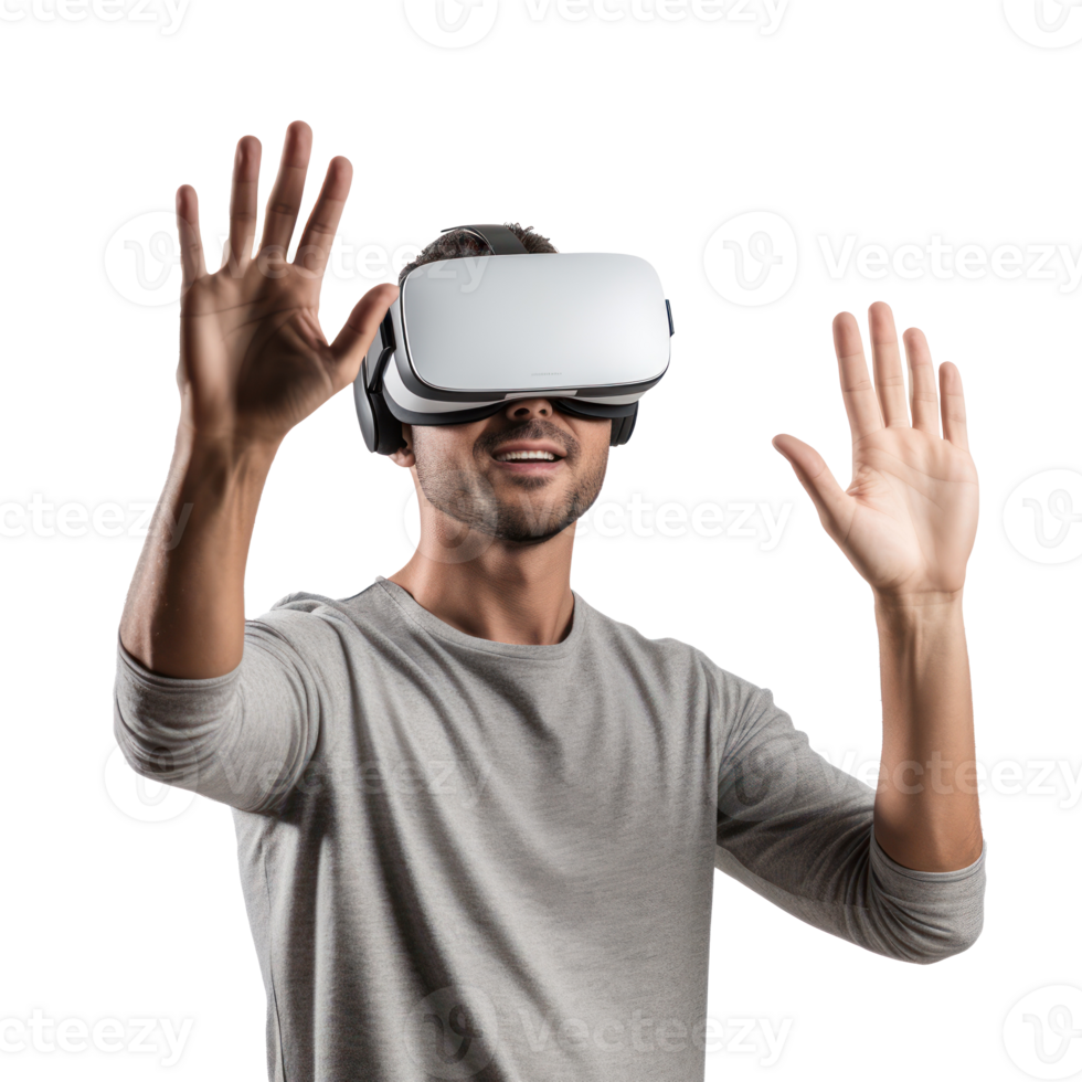 Young man using virtual reality headset isolated on transparent background png