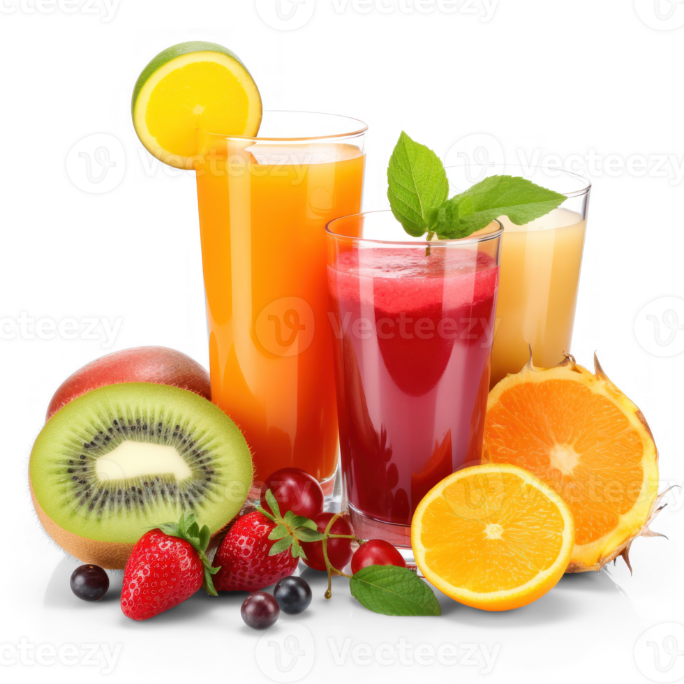 Fresh juices and fruits isolated on transparent background png