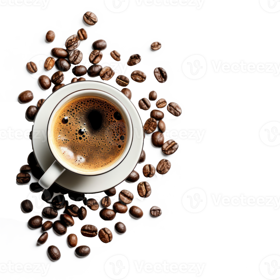 coffee beans and cup of coffee on transparent background png