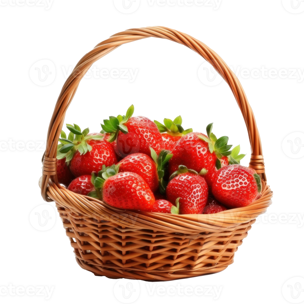 Wicker basket with tasty red strawberries on transparent background png
