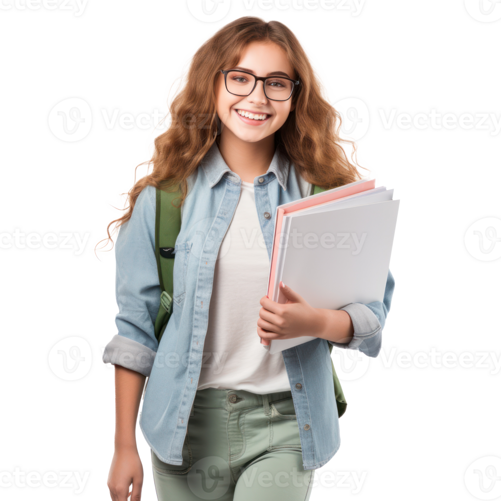 Smiling active excellent best student schoolgirl holding books and copybooks going to school wearing glasses and bag isolated in transparent background png