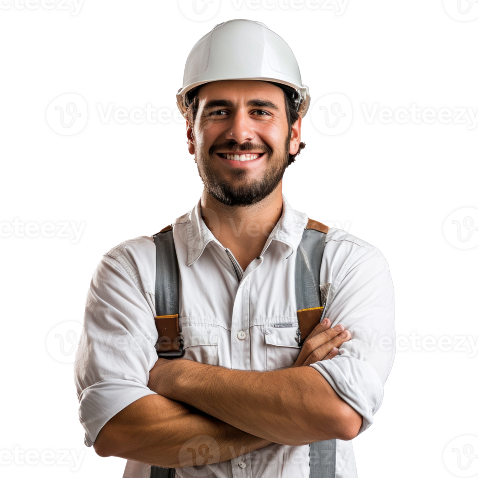 Crossed arms and smiling white background used in advertising is a virtual isolate on transparent on png