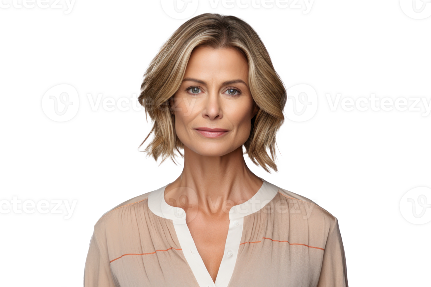 Photorealistic image of a beautiful lady in her forties with a tight and glossy vinyl blouse. Sad face isolate on transparent background png