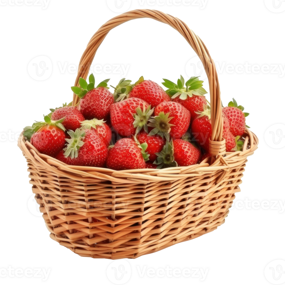 Wicker basket with tasty red strawberries on transparent background png