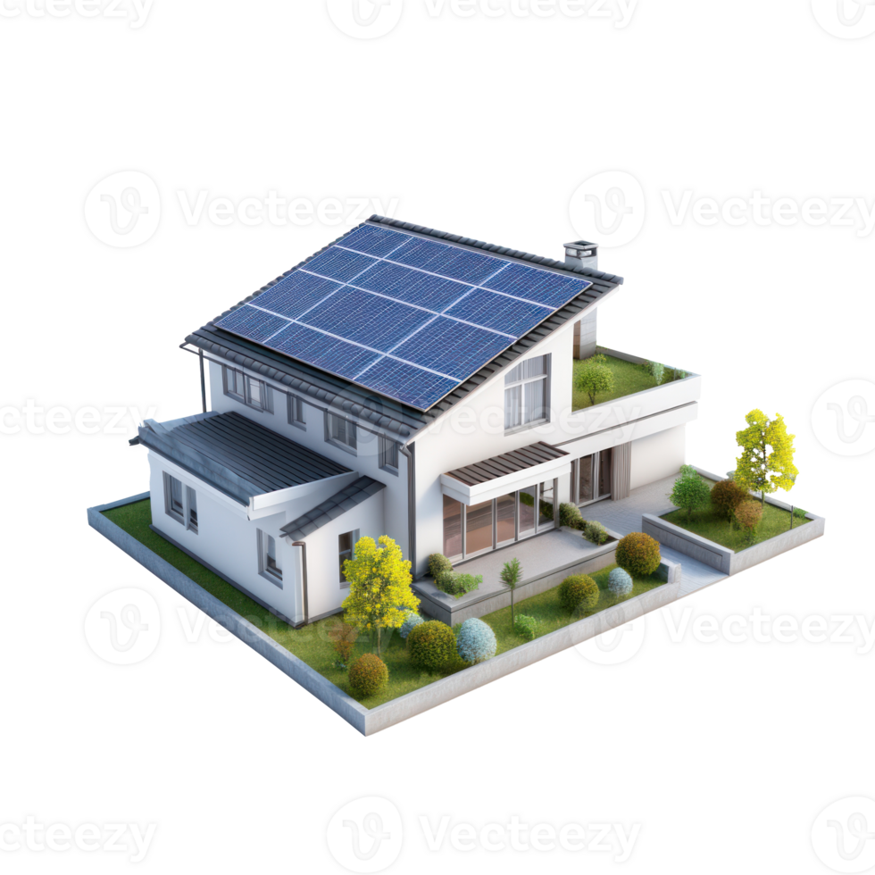 3d model of a smart home with solar panels on the roof, isolated background png